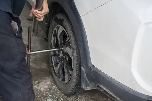 Car mechanic changing wheels in car,Tire repairer