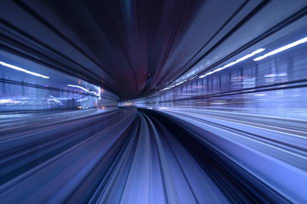 istock abstract motion blurred long exposure train, Futuristic backgrou 1453063358