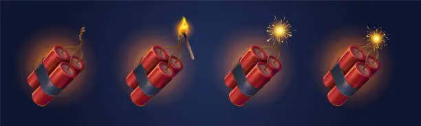 Vector illustration of Dynamite sticks with burning fuse and match set