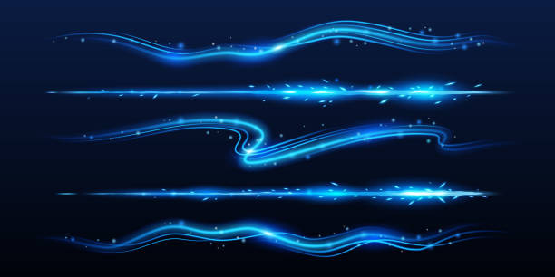 Blue fire lines with light sparks, cracker trails Blue fire lines with light sparks, cracker trail effect. Isolated petard sparkles, magic spell, weapon or wand trace. Bright glowing comet, flying asteroid, neon stripes, Realistic 3d vector set beam of light png stock illustrations