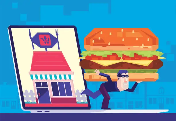 Vector illustration of thief carrying hamburger and leaving online store on laptop