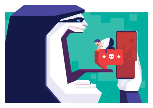 Vector illustration of hacker sticking out tongue and catching businessman with skull speech bubble on smartphone