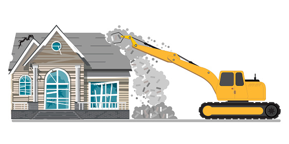 Demolition of a building. Destruction of the house with the help of an excavator. Dismantling of an old building.