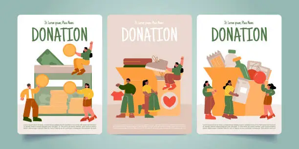 Vector illustration of Donation posters with people donate food, money