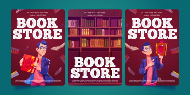 баннеры книжного магазина с полками с литературой - advice reading student glasses stock illustrations