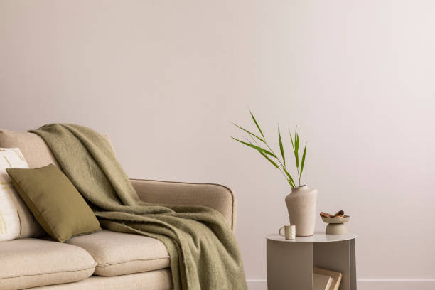istock Interior design of living room with copy space, beige sofa, side table, leaf in vase, pouf, elegant accessories and boucle rug. Beige wall. Minimalist home decor. Template. 1453069032