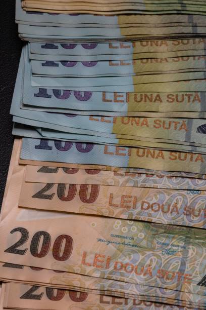 istock Vertical closeup of Romanian LEI banknotes 1453071420