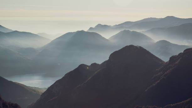 istock Aerial view of mountain range outlines at dusk 1453081383