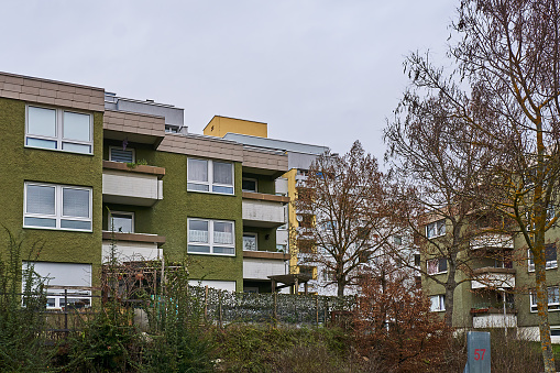 Wuerzburg, Germany - December 28, 2022: Concrete architecture from the 1970s on the Heuchelhof, a satellite town in Würzburg.