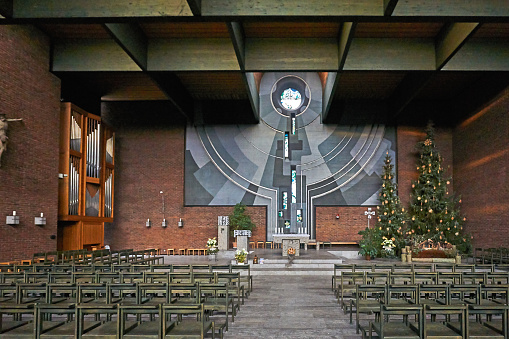 Wuerzburg, Germany - December 28, 2022: Interior of the Church of St. Sebastian on the Heuchelhof with Christmas decorations.