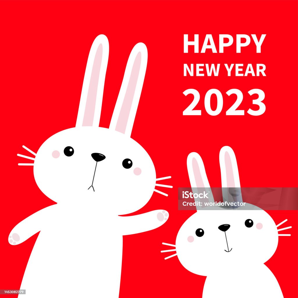 Chúc Mừng Năm Mới 2023 Năm Thỏ Hai Chú Thỏ Vẫy Tay In Chân Dễ Thương Hoạt  Hình Kawaii Hài Hước Baby Nhân Vật Động Vật Trang Trại Màu Trắng Nền Đỏ