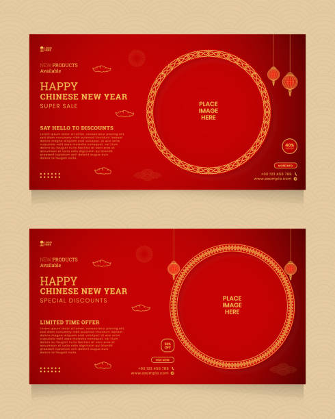 ilustrações, clipart, desenhos animados e ícones de feliz ano novo chinês venda banner social media post template com espaço vazio para foto e fronteira chinesa - snake year china chinese new year