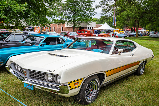 Iola, WI - July 07, 2022: High perspective front corner view of a 1971 Ford Torino GT 429 Cobra Jet at a local car show.