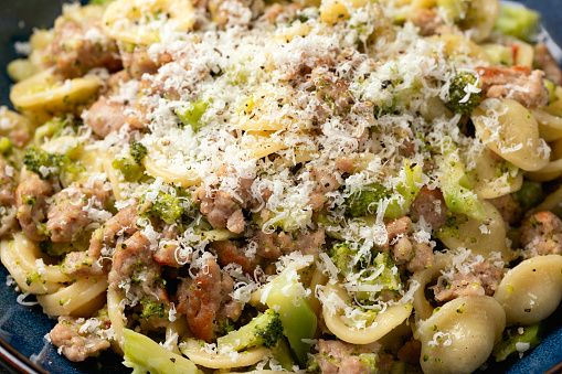 Broccoli Bolognese with Orecchiette pasta, sausage meat and parmesan cheese.