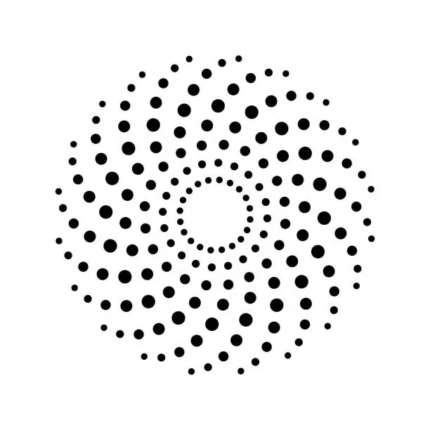 Vector illustration of Halftone circle made of spiral dots. Simple black halftone logo on white background.