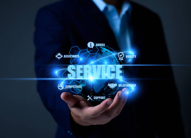 istock Business service online digital technology. Businessman touching digital globe hologram. Quality business relationship. customer service advice and support. Technology robot assistance online services 1453092897