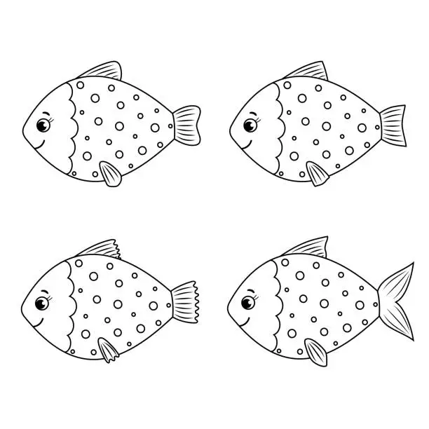 Vector illustration of Set of cute cartoon fish. Coloring.