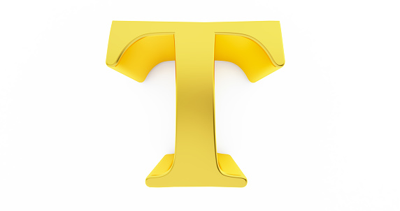 3D render of golden T letter isolated on white background, gold lettre T