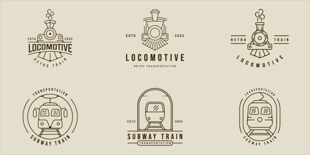 ilustraciones, imágenes clip art, dibujos animados e iconos de stock de conjunto de locomotoras y trenes símbolo arte de línea simple ilustración vectorial plantilla icono diseño gráfico. colección de paquetes de varios signos o símbolos de transporte para negocios - locomotora