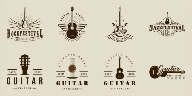 ilustrações, clipart, desenhos animados e ícones de conjunto de logotipo de guitarra vintage ilustração vetorial modelo ícone design gráfico. coleção de pacote de sinal ou símbolo de instrumento de música acústica e elétrica para banda de guitarrista ou negócio de loja - instrumento baixo