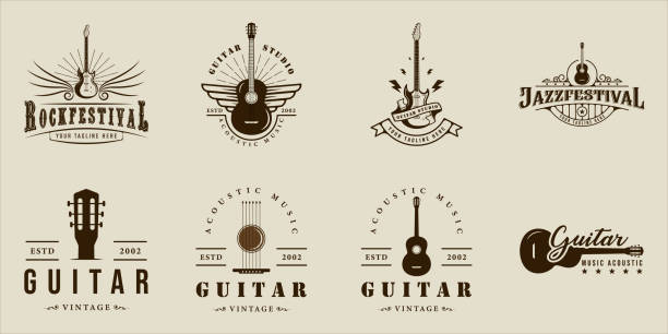 set of guitar  vintage vector illustration template icon graphic design. bundle collection of acoustic and electric music instrument sign or symbol for guitarist band or shop business set of guitar  vintage vector illustration template icon graphic design. bundle collection of acoustic and electric music instrument sign or symbol for guitarist band or shop business bass instrument stock illustrations