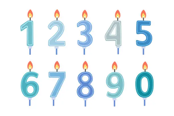 Vector illustration of Set of Happy Birthday candle numbers. Blue color. Vector flat design illustration.