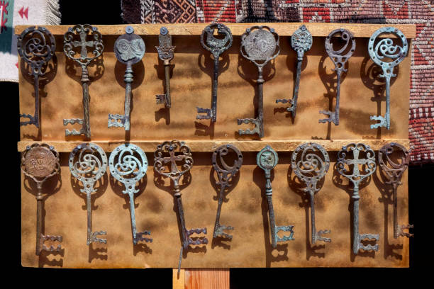 Close up group of antique keys in antique store in Aegean Turkey