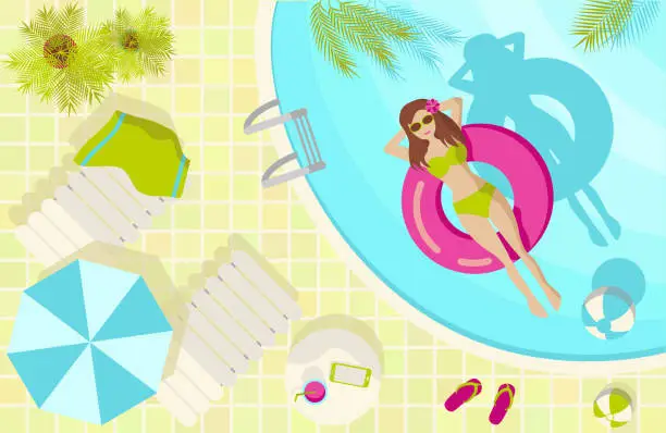 Vector illustration of Summer tropical illustration with a girl in a pool rectangular