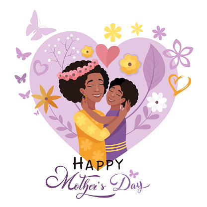 Happy mother's day. Mom hugs her daughter. Mom's love. African American Mother and daughter moments.