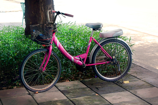 Close up  bicycle on sidewalk in Bangkok city