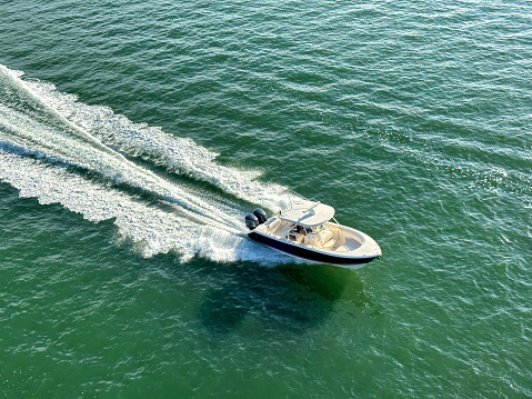 Speedboat on seascape of Sarasota Bay in sunny day