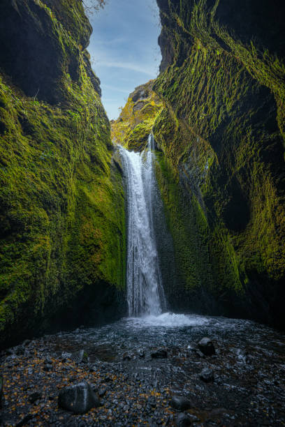 каньон водопада наутусагил на южном побережье, исландия. - landscape iceland mountain green стоковые фото и изображения