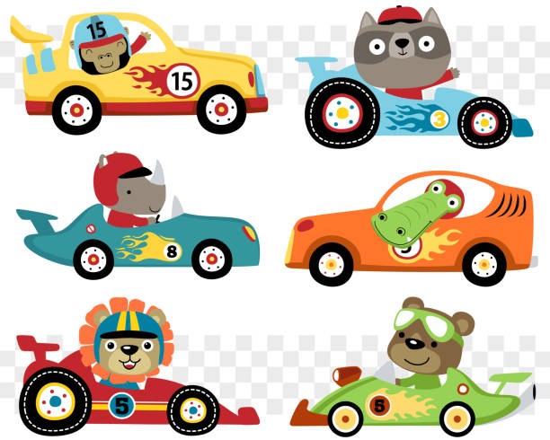 ilustraciones, imágenes clip art, dibujos animados e iconos de stock de conjunto vectorial de coches de dibujos animados de carreras con divertidos animales corredores - play the ape