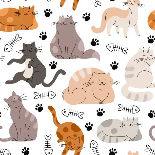 Vector illustration of Cats flat seamless pattern. Doodle cat, fluffy pets cartoon isolated. Decorative kittens fabric print, childish racy vector background with animals