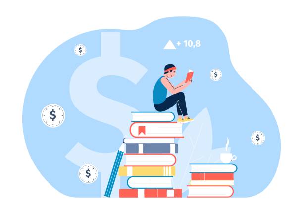 istock Intellectual and financial growth through self-study. Man reading book, guy sitting on books pile with coffee. Finance education vector concept 1453105169