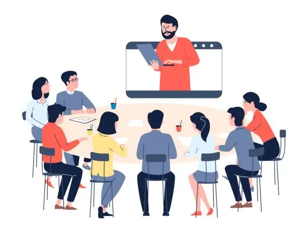 Vector illustration of Online planning meeting with boss, morning office chat. Managers video call, remote work or web training. Business team at round desk vector scene