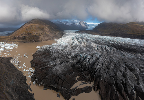 Aerial view landscape of Svinafellsjokull Glacier in Vatnajokull National Park in Iceland