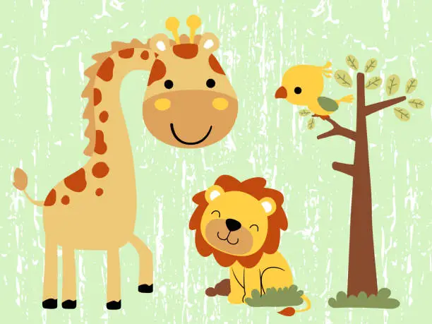 Vector illustration of Adorable animals cartoon in jungle, giraffe, lion and bird on tree