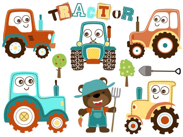 Vector set of funny tractor cartoon with cute bear in farmer costume holding pitchfork This illustration suitable for your business purpose or personal use. The illustration is vector-based. They are fully editable and scalable without losing resolution ursus tractor stock illustrations