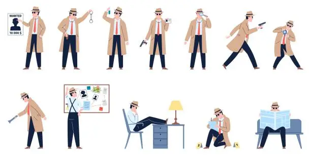 Vector illustration of Detective character working and inspecting. Detectives professional with gun and magnifier looking foot prints. Recent cartoon agent or inspector vector set