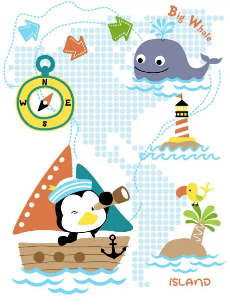 Vector illustration of Cartoon of sailing journey with penguin on sailboat, sailing element illustration