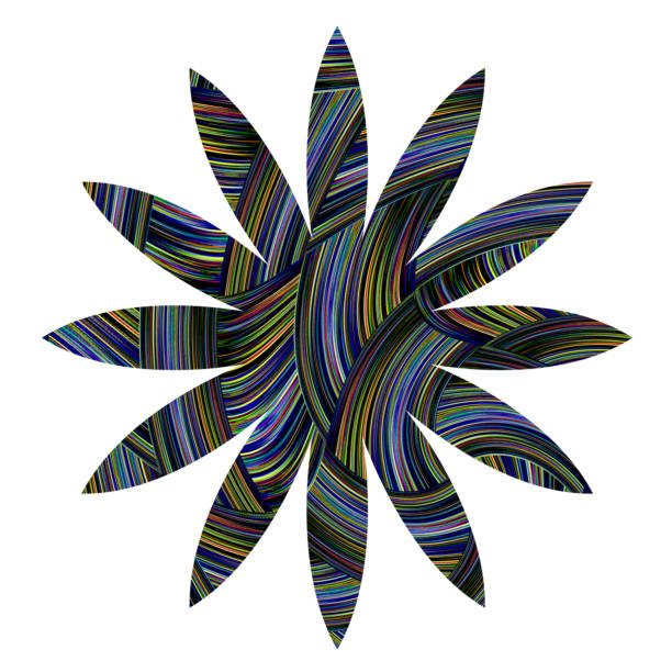 Blue and yellow abstract lines have been woven into a background and then cut into a daisy shape on a white background.