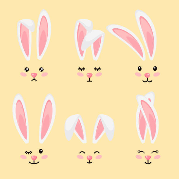 Funny bunny face filter masks. Rabbits ears with eyes and whiskers, cute white easter hare happy animal head Funny bunny face filter masks. Rabbits ears with eyes and whiskers, cute white easter hare happy animal head. Illustration of funny mask animal, rabbit face bunny ear stock illustrations