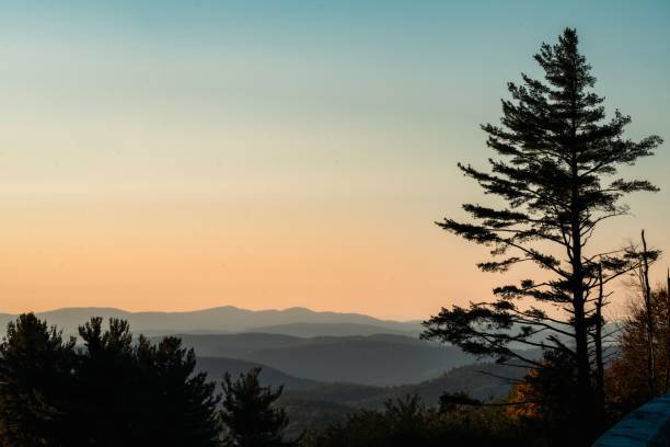istock Scenic shot of a flat mountain range with hills covered in forests during sunset with clear sky 1453112881