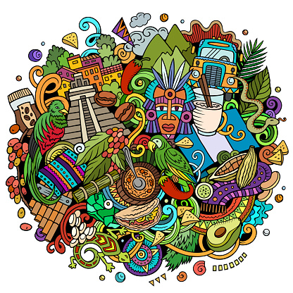 Guatemala cartoon doodle illustration. Funny design. Creative vector background with central America country elements and objects. Colorful composition