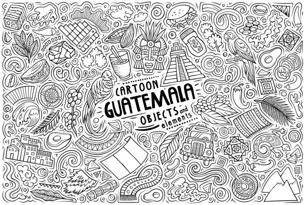 Set of Guatemala traditional symbols and objects Cartoon vector doodle set of Guatemala traditional symbols, items and objects puerto quetzal guatemala stock illustrations