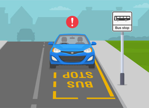 British outdoor parking rules. Do not park your car at bus stops. Front view of a parked blue sedan car. British outdoor parking rules. Do not park your car at bus stops. Front view of a parked blue sedan car. Flat vector illustration template. curb stock illustrations