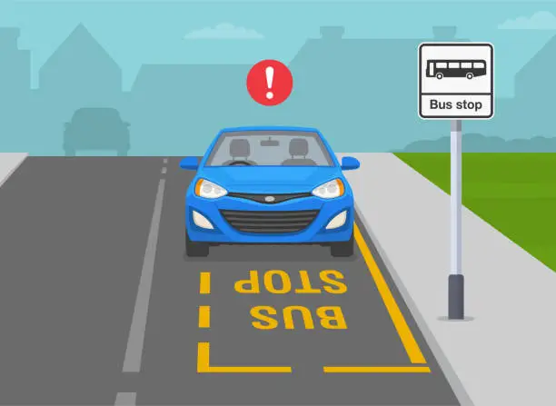 Vector illustration of British outdoor parking rules. Do not park your car at bus stops. Front view of a parked blue sedan car.