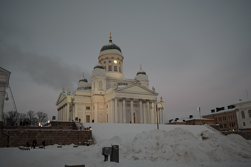 Helsinki Cathedral is the Finnish Evangelical Lutheran cathedral of the Diocese of Helsinki, located in the neighborhood of Kruununhaka in the centre of Helsinki, Finland, at the Senate Square. The church was originally built from 1830 to 1852 as a tribute to the Grand Duke of Finland, Tsar Nicholas I of Russia.