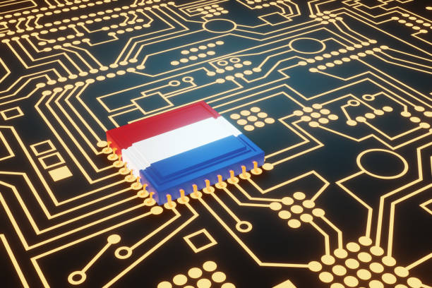 istock An advanced CPU printed with national flag of Netherlands on a neon glowing electronic circuit board. Illustration of the concept of Dutch made high-end micro chips. 1453116422